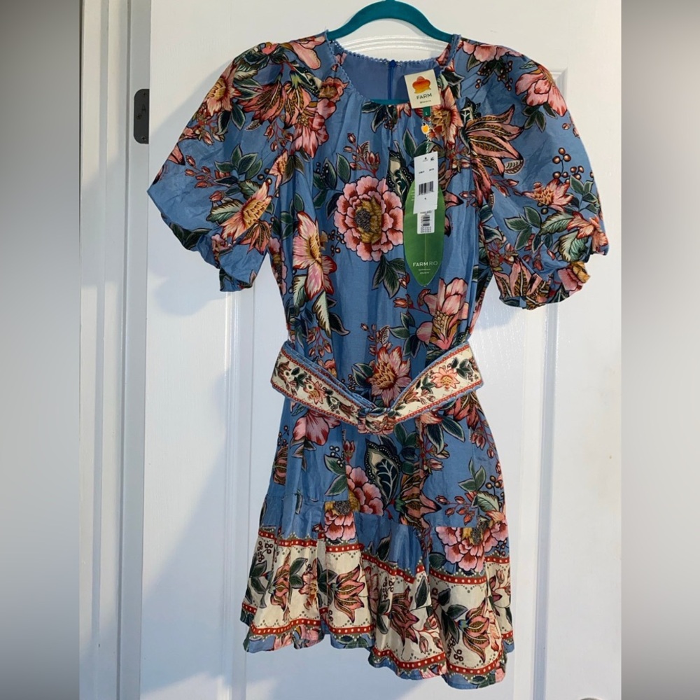 FARM Rio Blue Pink Cream Wonderful Bouquet Mini Dress with Belt Large